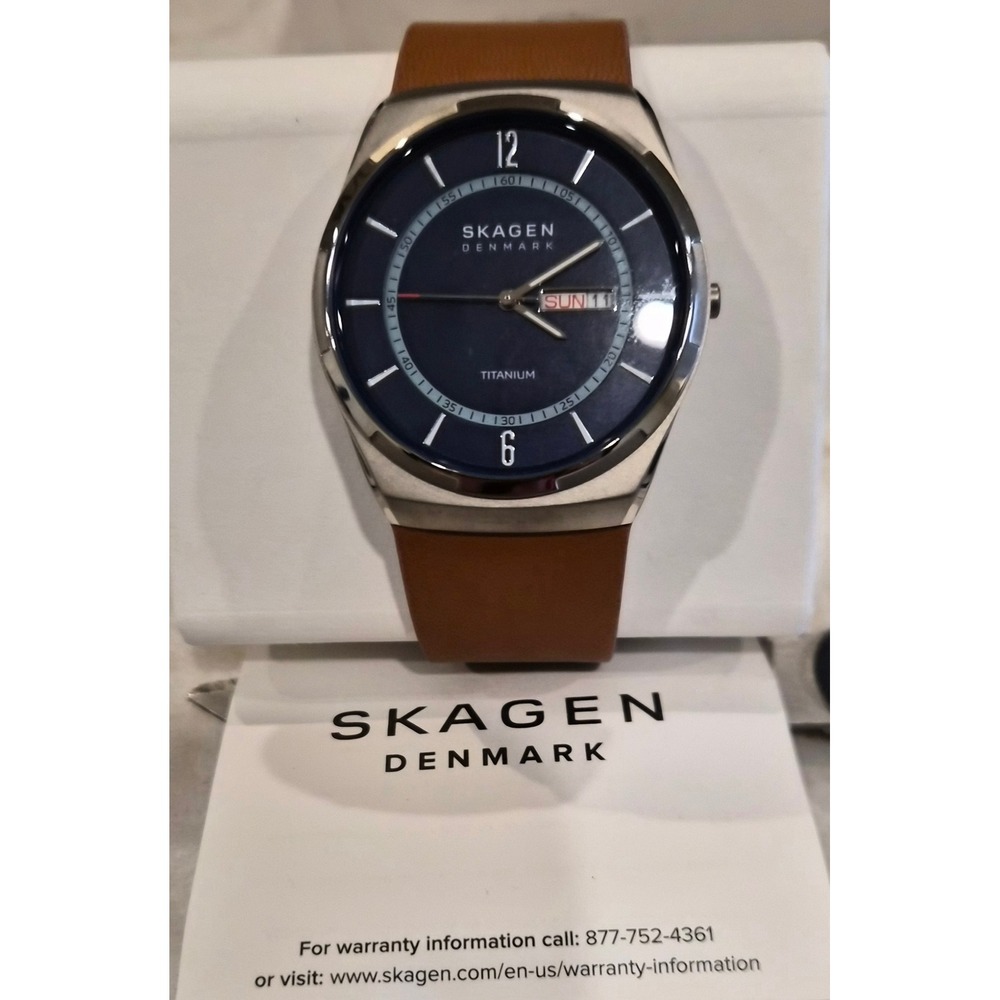 Skagen Melbye Mens Titanium Watch Blue Dial Brown Leather Strap SKW6906‎ New